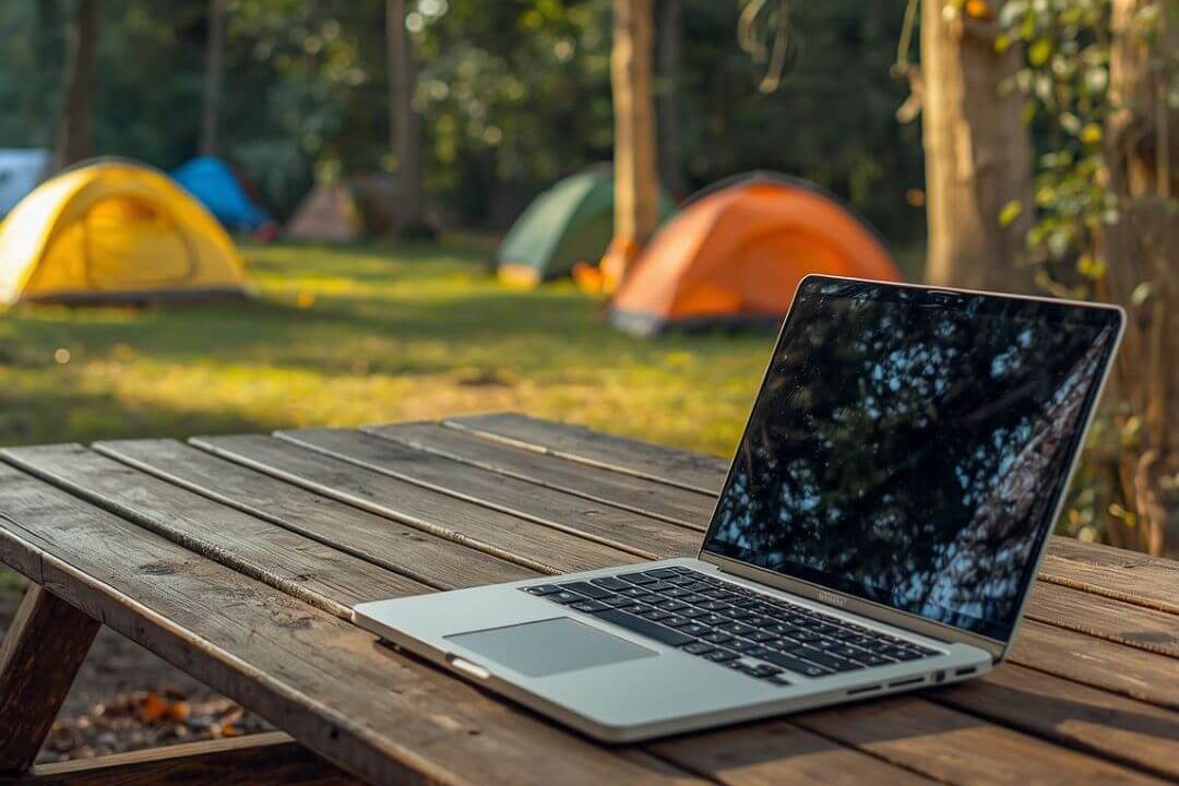 Laptop on a picnic table overseeing camping spots - landscape photo